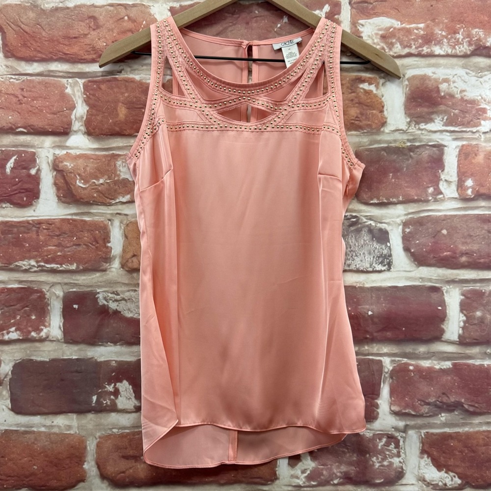 VTG Cache Top Women's XS Pink Gold Beaded Cut Out Neck Satin Camisole Tank Shirt